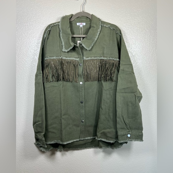 GeeGee Jackets & Blazers - Olive green fringe denim jacket, size 3X